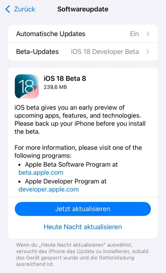 淅川苹果手机维修分享苹果 iOS / iPadOS 18 开发者预览版 Beta 8 发布 